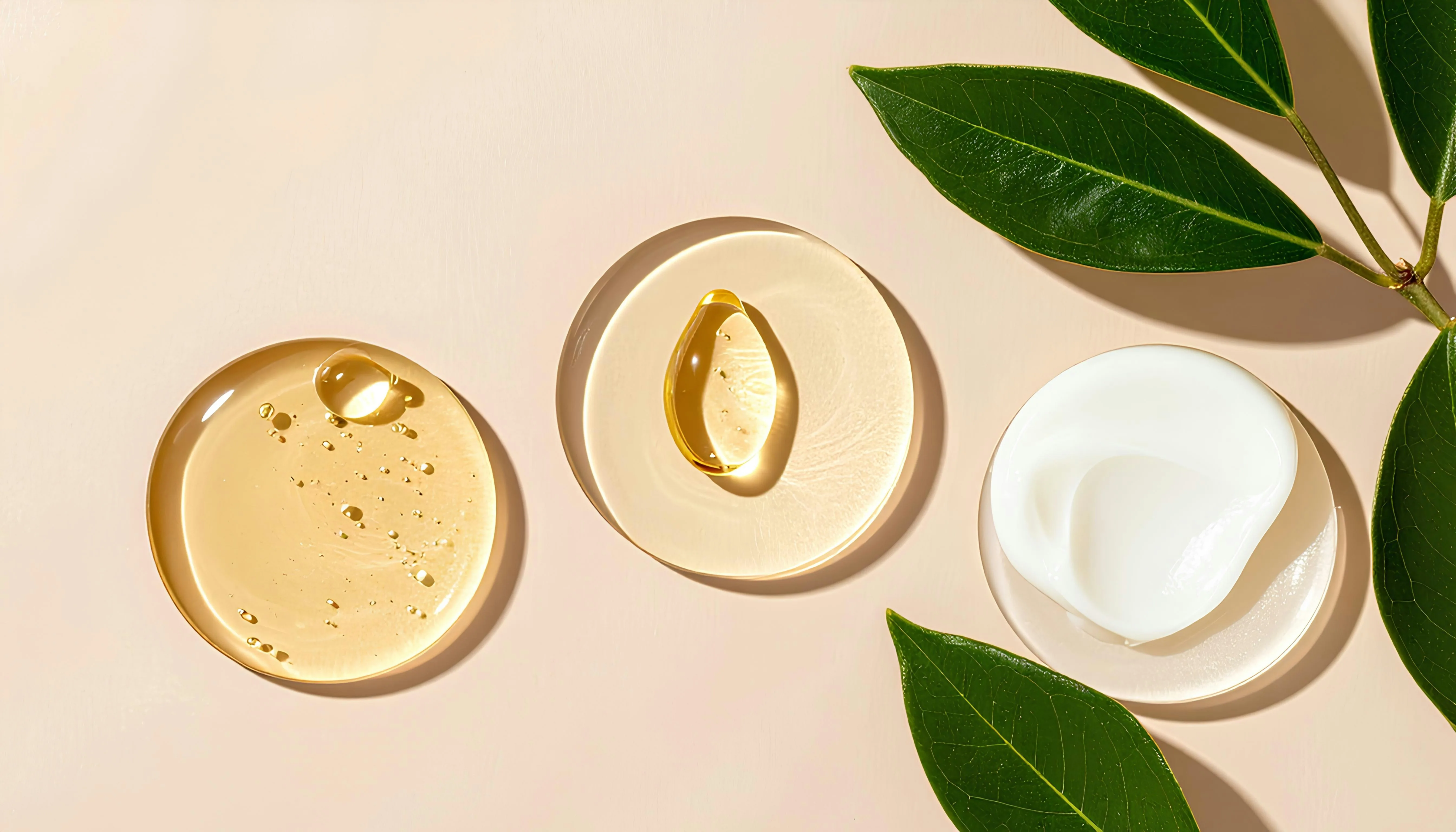 Aesthetic botanical oils set alongside amber glass ware
